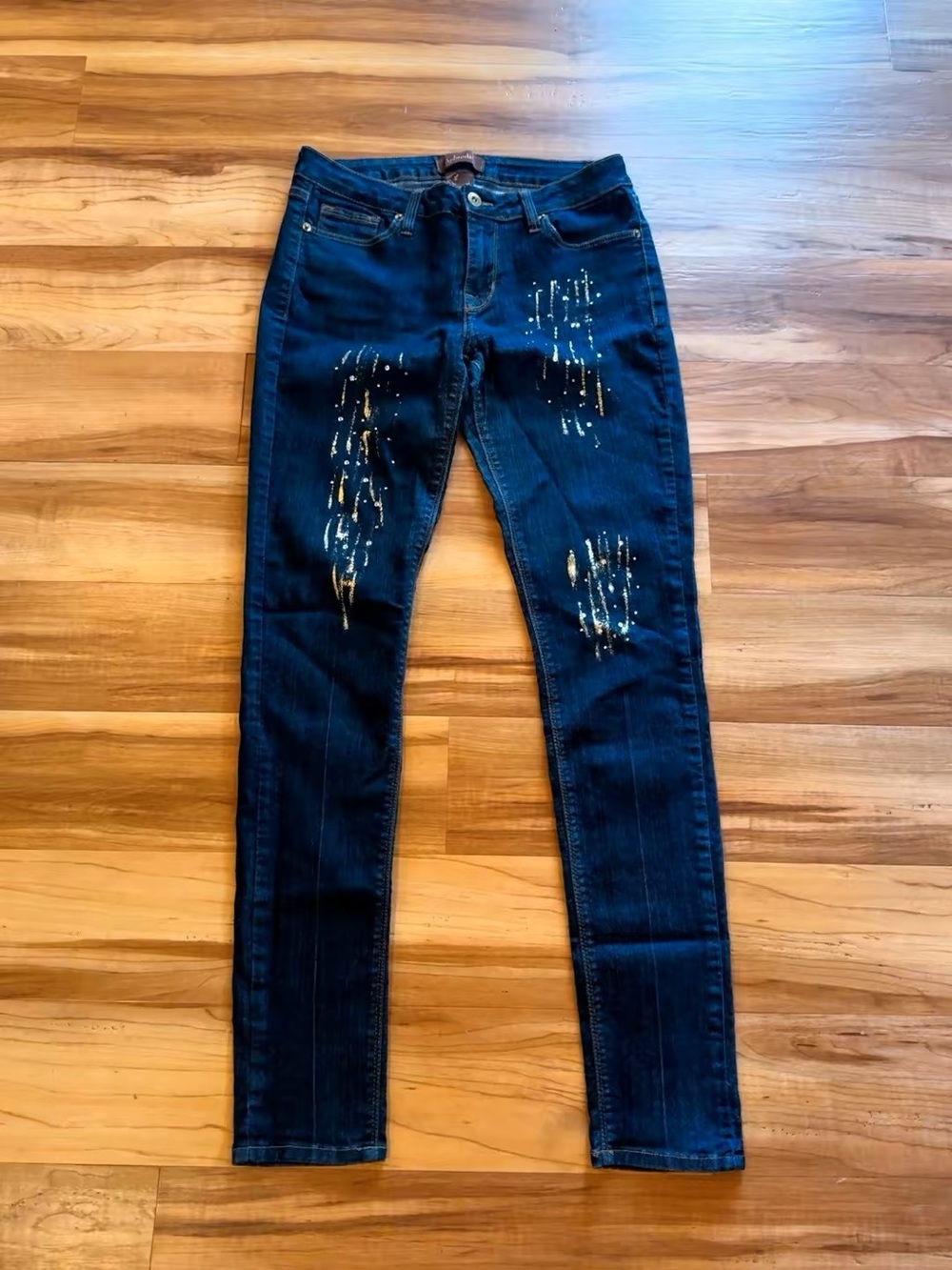 Aphrodite Y2K Rhinestone Gold Metallic Splatter Skinny Jeans Made USA Size